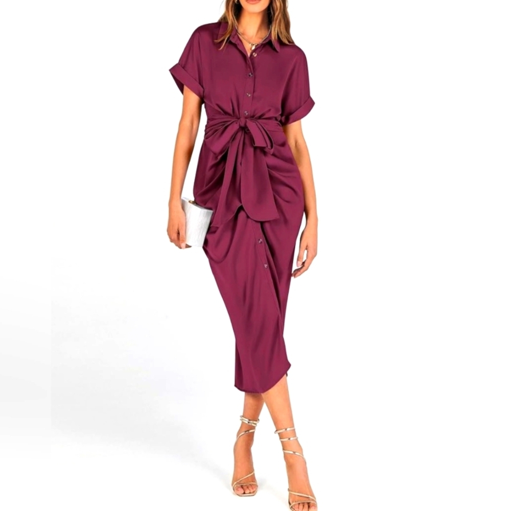 Button Down Ruched Shirt Dress Short Sleeve Lapel V Neck Rasberry Color M NWOT